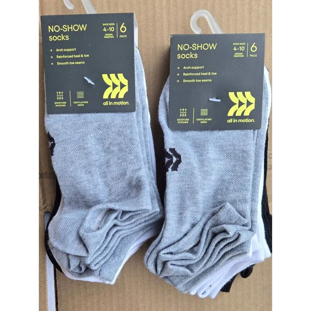 All in Motion Womens No-Show Socks 12 Pair Pack Grey White Black Size 4-10 NEW